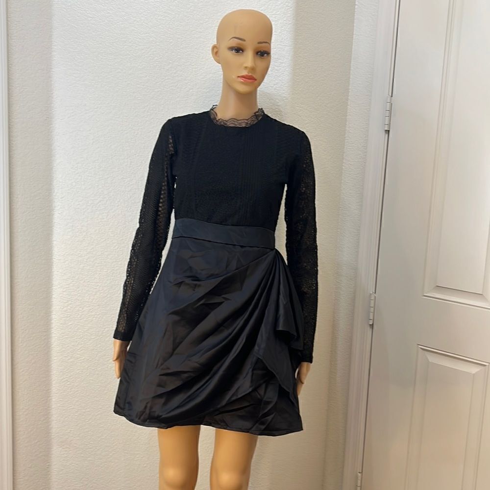 Black Dress Size Medium Satin Lace Long Sleeve Slimming Side Bow Mini Lined New